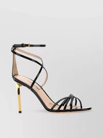 Tom Ford Strappy Open Toe Sandal With Gold-tone Heel In Black