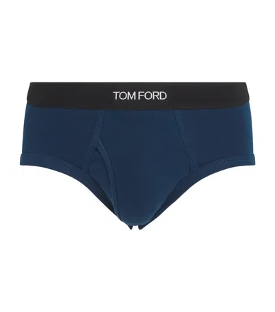 Tom Ford Stretch-cotton Logo Briefs In Blue