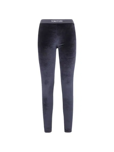 Tom Ford Shiny Stretch Velvet Leggings With Logo Elastic Band In Purple