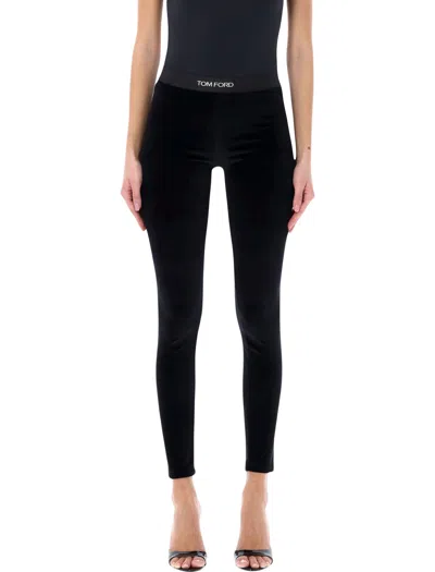Tom Ford Stretch Lustrous Velour Signature Leggings In Black