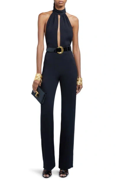 TOM FORD STRETCH SABLE BELTED HALTER JUMPSUIT