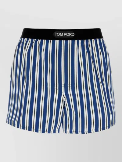 Tom Ford Stretch Satin Boxer Striped Elastic Waistband In Blue