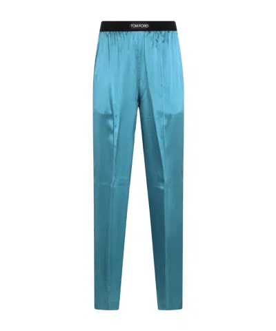 Tom Ford Silk Satin Relaxed Pijama Trousers Waistband In Blue