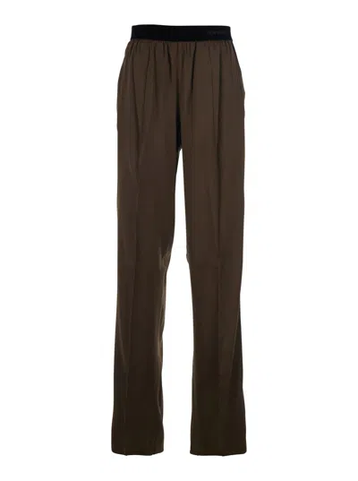 Tom Ford Stretch Silk Pants With Elastic Waist And Logo Lettering In Brown