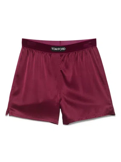 Tom Ford Silk Satin Boxer Shorts With Ruched Detailing In Burgundy