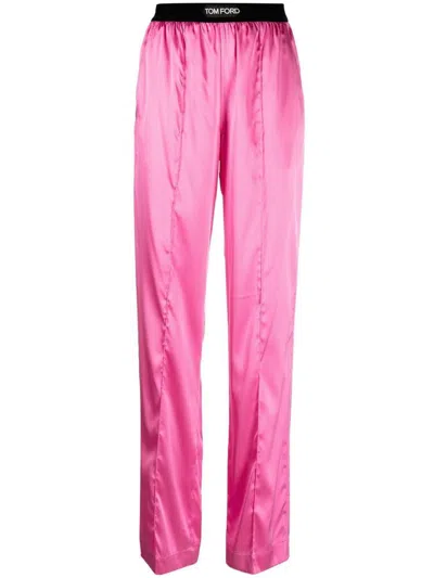 Tom Ford Logo Silk Satin Pajama Pants In Pink