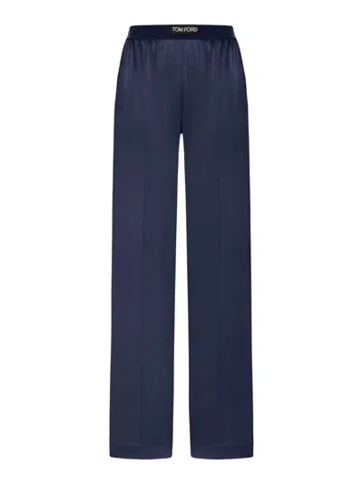 Tom Ford Stretch Silk Satin Pants In Blue