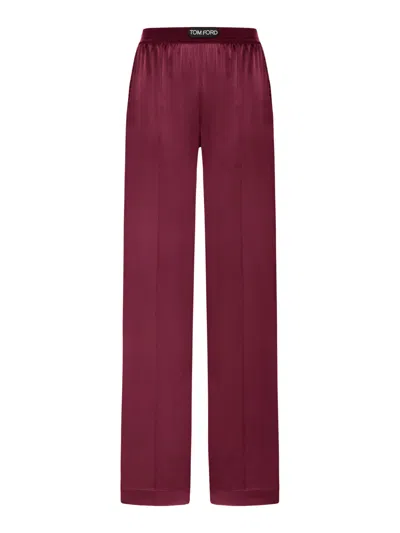 Tom Ford Stretch Silk Satin Pants In Burgundy