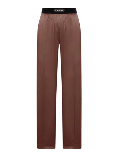 Tom Ford Stretch Silk Satin Trousers In Brown