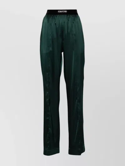 Tom Ford Stretch Silk Satin Straight Pants In Green