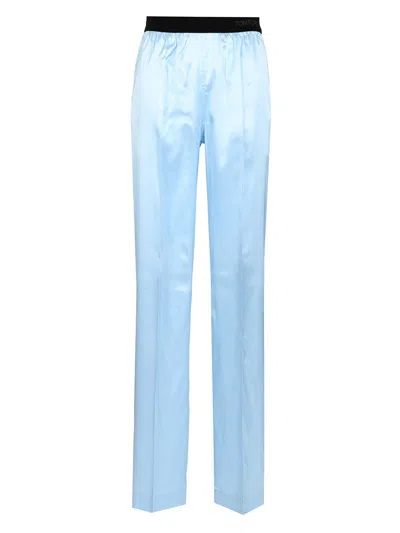 Tom Ford Silk Satin Relaxed Pijama Trousers Waistband In Blue