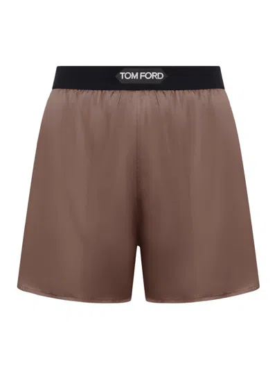 Tom Ford Stretch Silk Satin Pj Shorts In Dark Brown