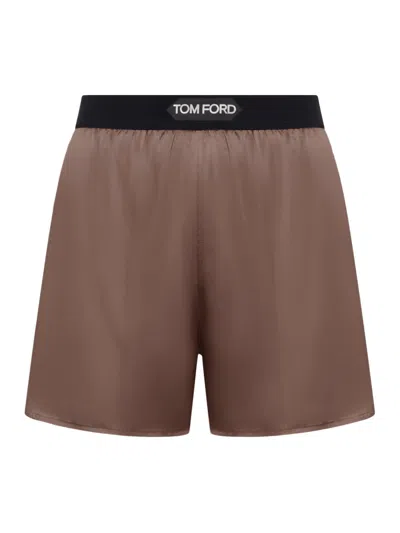Tom Ford Stretch Silk Satin Pj Shorts In Brown
