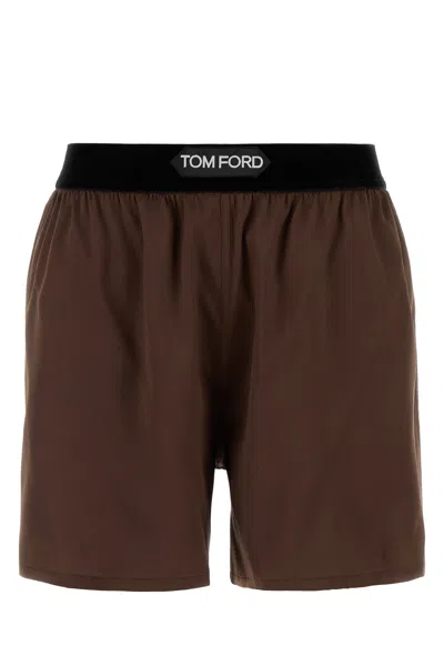 Tom Ford Logo Silk Blend Shorts With Satin Finish In Black