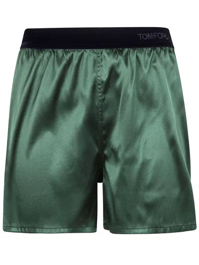 Tom Ford Stretch Silk Satin Pj Shorts In Green