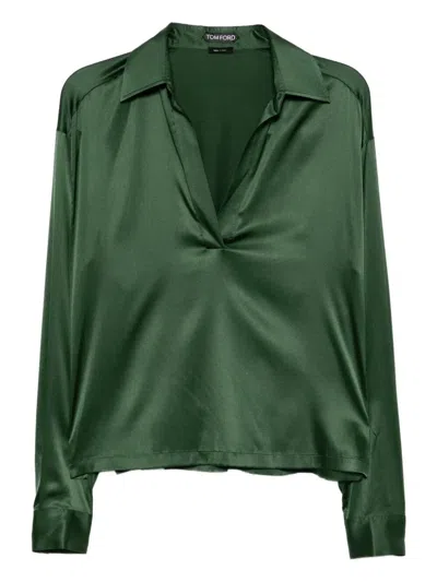 Tom Ford Stretch Silk Satin Polo With Tonal Tf Embroidered Logo In Green