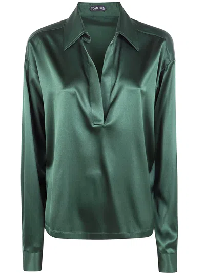 Tom Ford Stretch Silk Satin Polo In Green