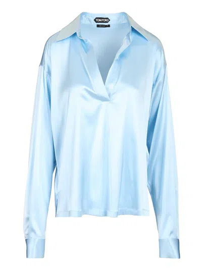 Tom Ford Stretch Silk Satin Polo Shirts Light Blue In Multi