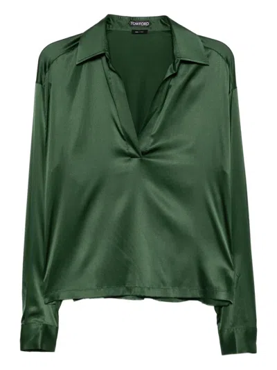 Tom Ford Stretch Silk Satin Polo With Tonal Tf Embroidered Logo In Green