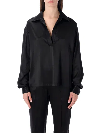 Tom Ford Stretch Silk Satin Polo With Tonal Tf Embroidered Logo In Black