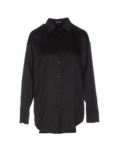 Tom Ford Stretch Silk Satin Relaxed Fit Shirt In Black