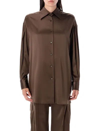 Tom Ford Stretch Silk Satin Relaxed Fit Shirt In Brown