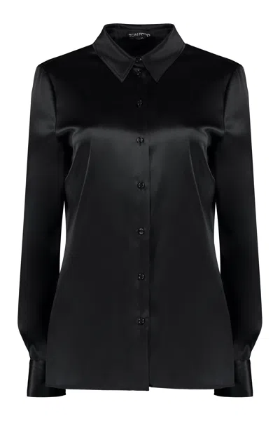 Tom Ford Stretch Silk Satin Shirt For Women | Relaxed Fit | Black | Fw23