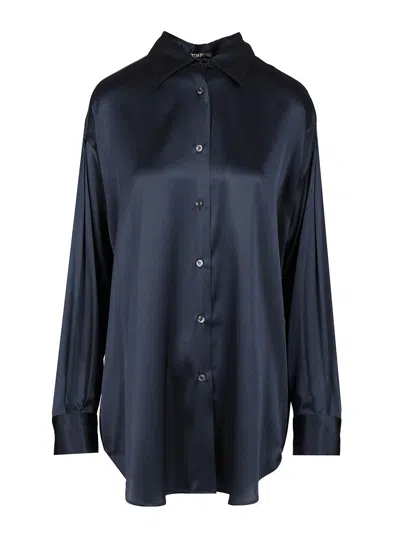 Tom Ford Stretch Silk Satin Shirt Shirts Blue