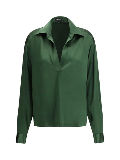 Tom Ford Stretch Silk Satin Polo With Tonal Tf Embroidered Logo Clothing In Green