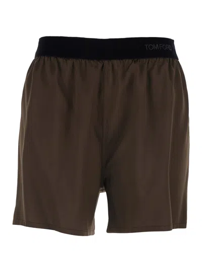 Tom Ford Stretch Silk Shorts In Brown