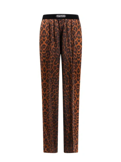 Tom Ford Stretch Silk Trouser With Animalier Print In Black