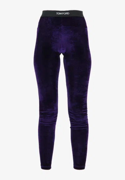 Tom Ford Stretch Velvet Logo Leggings In Purple