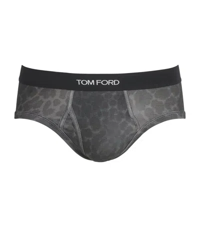 Tom Ford Stretch-cotton Leopard Logo Briefs In Gray
