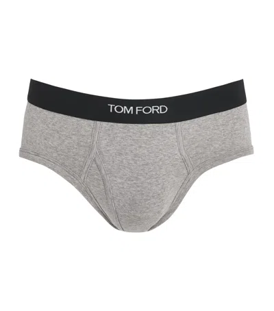 Tom Ford Stretch-cotton Logo Briefs In Grey