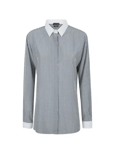 Tom Ford Striped Contrasting Silk Shirt In Gray