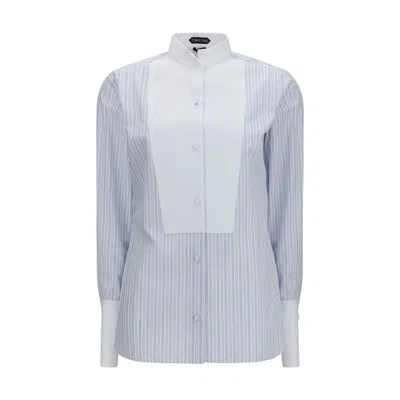 Tom Ford Striped Cotton With Contrast Bib Front Shirt In Blue