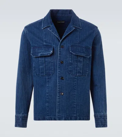 Tom Ford Mens Washed Indigo Striped Camp-collar Denim Shirt In Blue