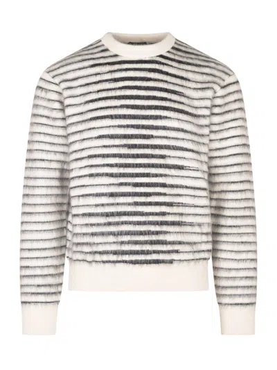 Tom Ford Striped Mohair Long-sleeve Crewneck Sweater In White-black