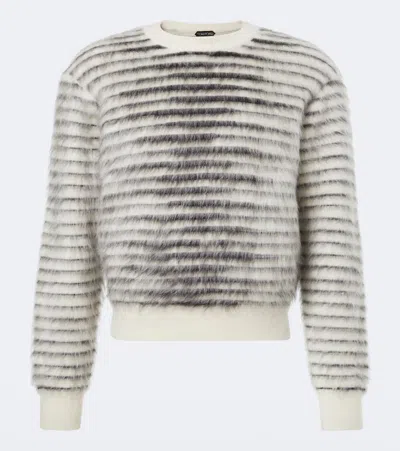 Tom Ford Striped Mohair Long-sleeve Crewneck Sweater In White-black