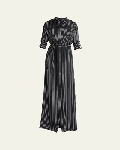 Tom Ford Striped Silk Long-sleeve Belted Maxi Shirtdress In Black