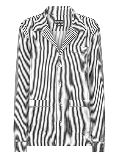 Tom Ford Striped Silk Pj Shirt With Piping And Tonal Tf Embroidered Logo In Multi