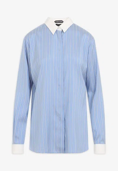 Tom Ford Striped Silk Shirt In Blue
