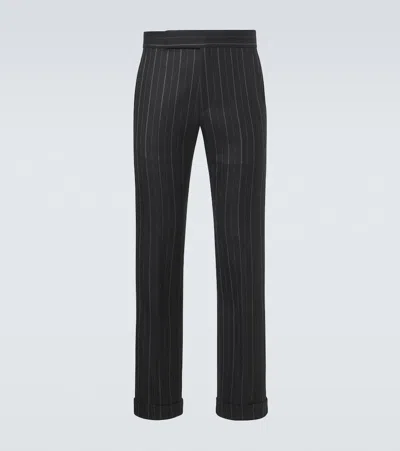 Tom Ford Striped Wool Straight Pants In Black