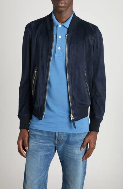 Tom Ford Suede Bomber Jacket In Blue