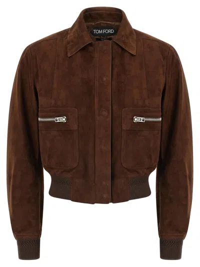 Tom Ford Suede Bomber Jacket In Brown