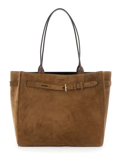 TOM FORD BROWN MEDIUM TOTE BAG WITH BELT AND T PLAQUE ON THE FRONT IN SUEDE WOMAN