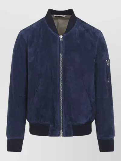 Tom Ford Suede Flight Bomber Jacket Utility Pocket In Blue