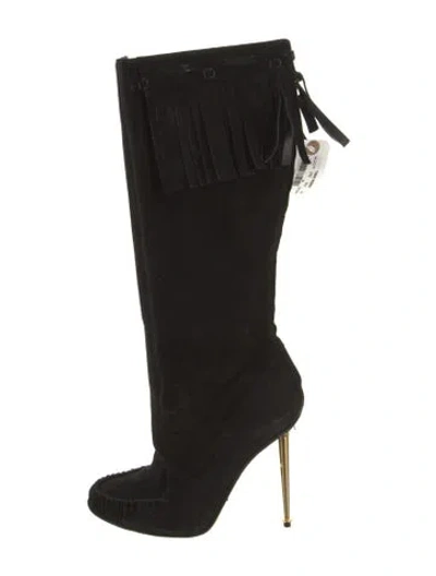 Pre-owned Tom Ford Suede Fringe Trim Accent Boots In Black