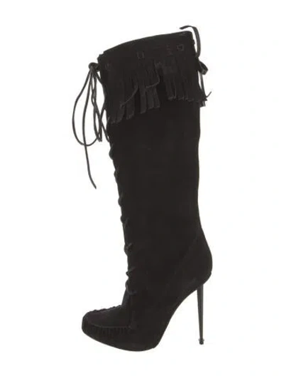 Pre-owned Tom Ford Suede Fringe Trim Accent Lace-up Boots In Black