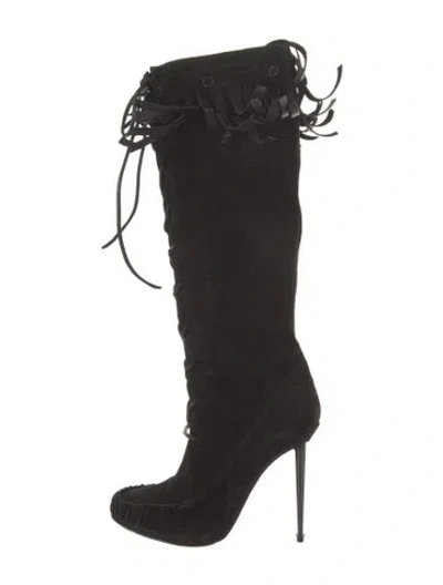Pre-owned Tom Ford Suede Fringe Trim Accent Lace-up Boots In Black